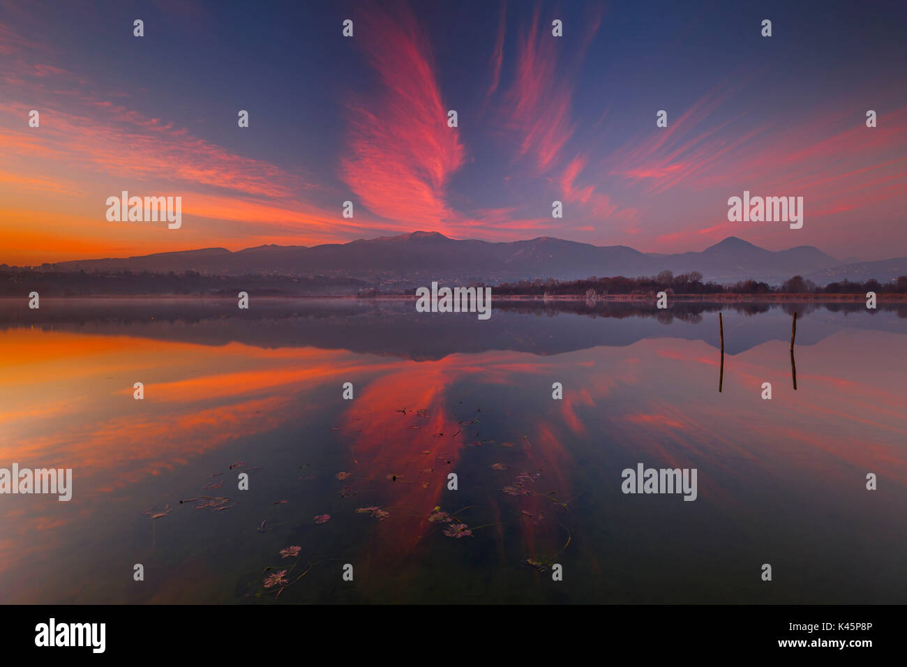 Sunset on Lake Alserio, Como province, Brianza, Lombardy, Italy, Europe Stock Photo