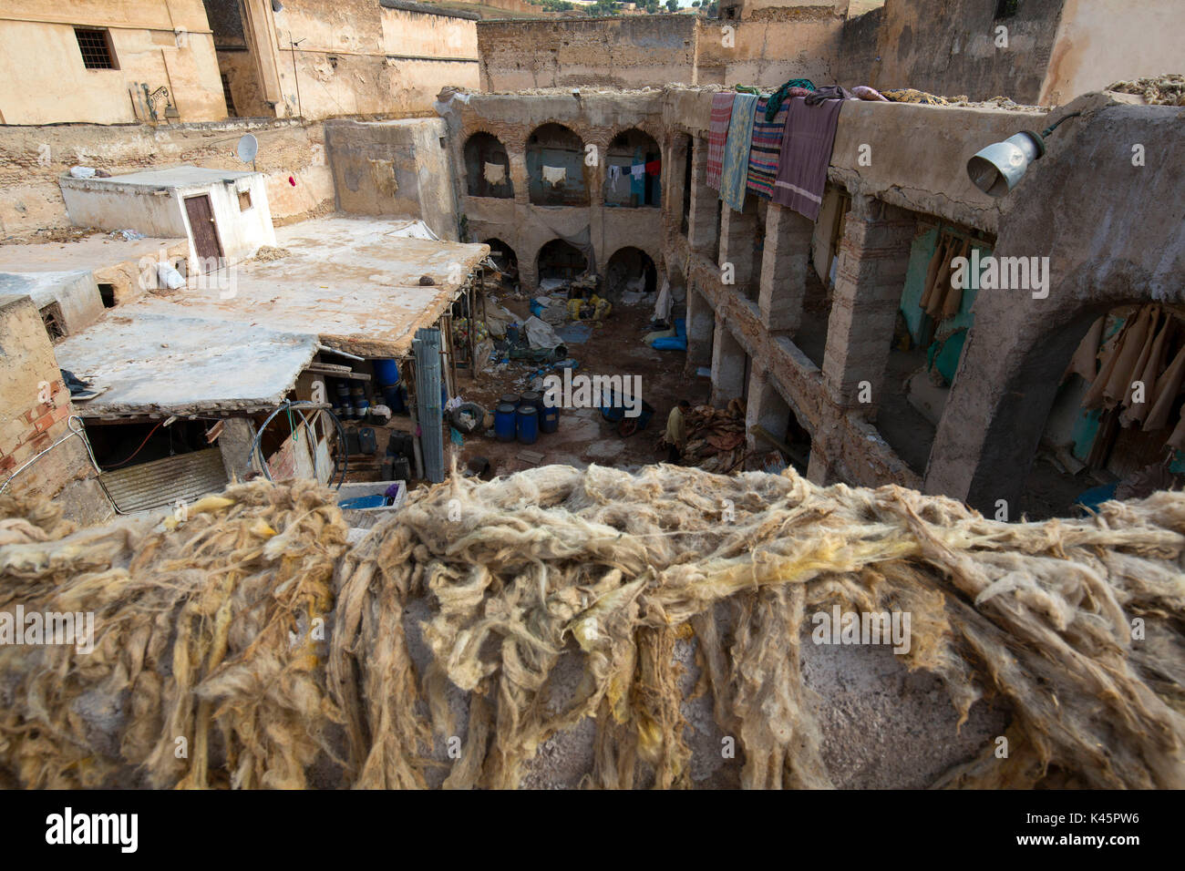 North Africa,Morocco,Fes district,Fez Tannery,Chouara Tannery. Leather processing Stock Photo