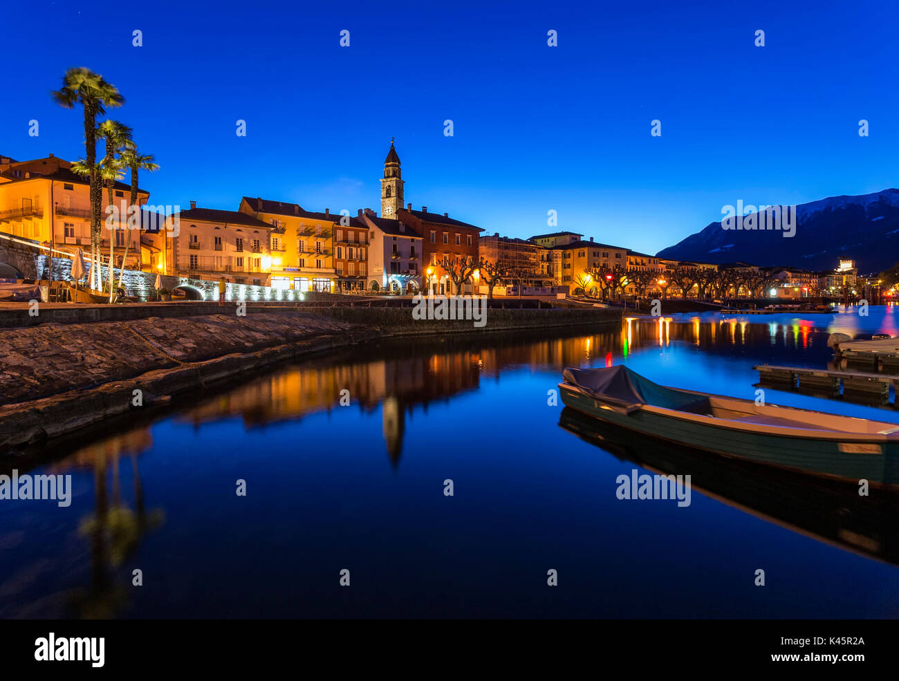 Switzerland, Ticino, Lake Maggiore, Locarno, lakefront, dawn,blue hour, Stock Photo