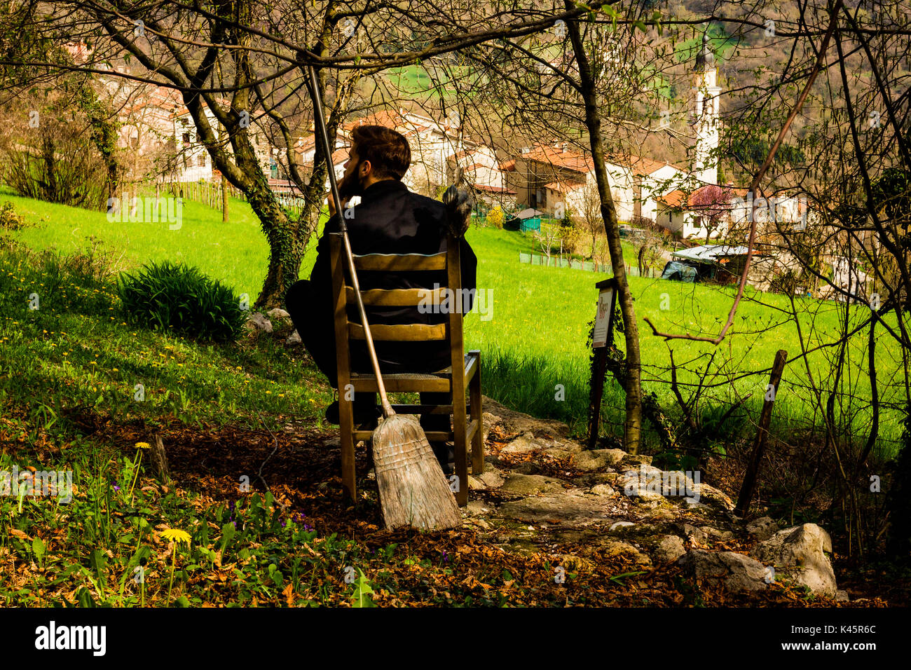 Sculpture, Covolo, Lusiana, Altopiano di Asiago, Province of Vicenza, Veneto, Italy. Artwork in the woods. Stock Photo