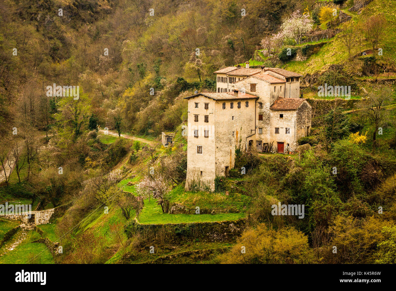 Old hamlet, Contrada Giaconi, Val Frenzela, Valstagna, Provincia of Vicenza, Veneto, Italy. Mountain village on valley edge. Stock Photo