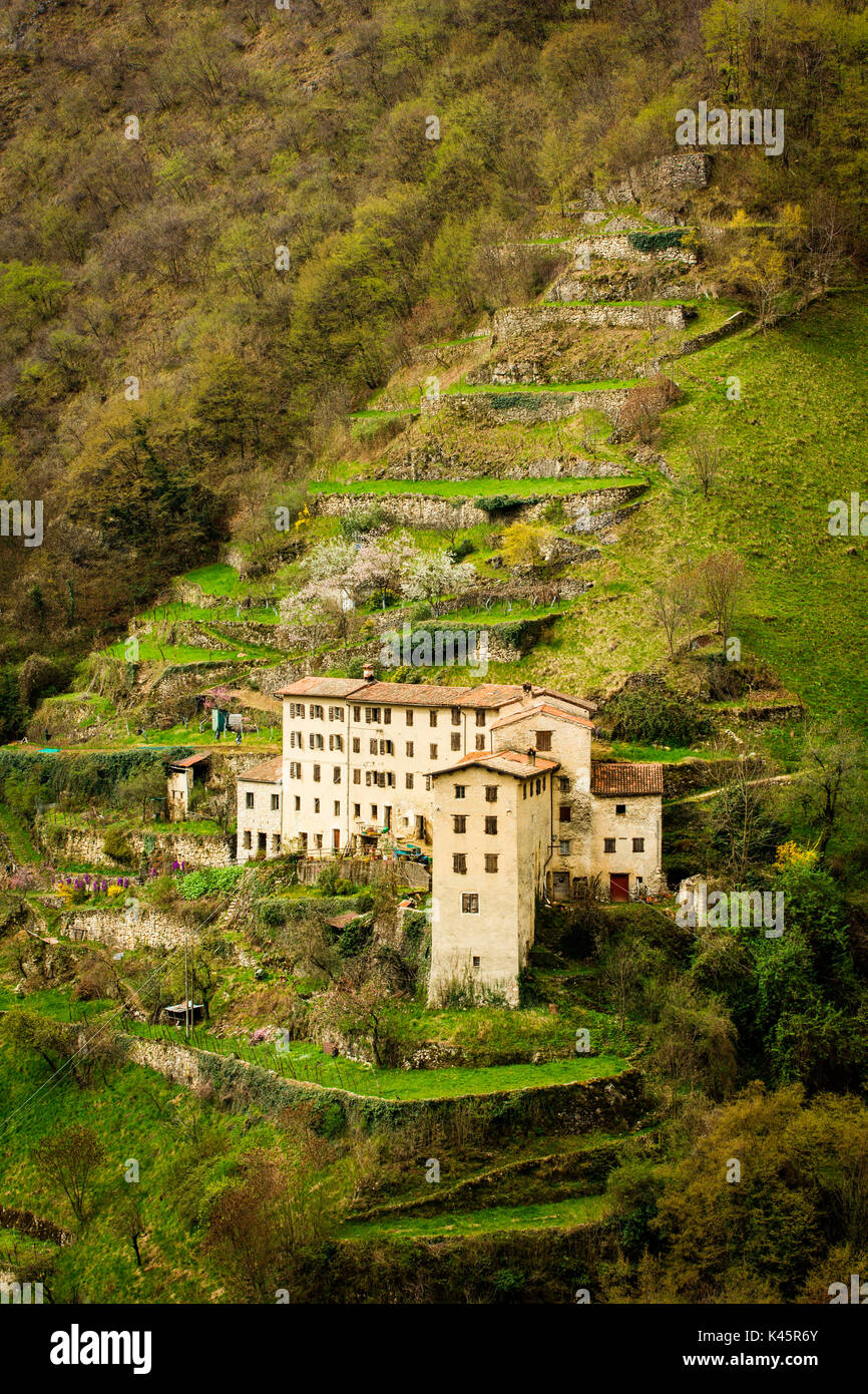 Terraced rural village, Contrada Giaconi, Val Frenzela, Valstagna, Provincia of Vicenza, Veneto, Italy. Stone dwellings in valley. Stock Photo