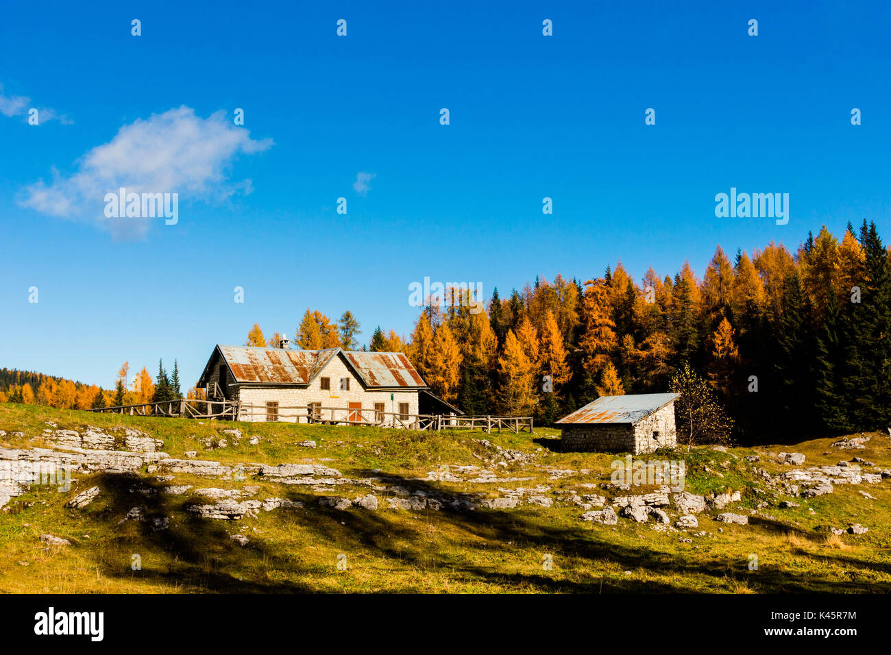 Farmhouse, Gallio, Altopiano of Asiago, Province of Vicenza, Veneto, Italy. Malga Fossetta in autumn. Stock Photo