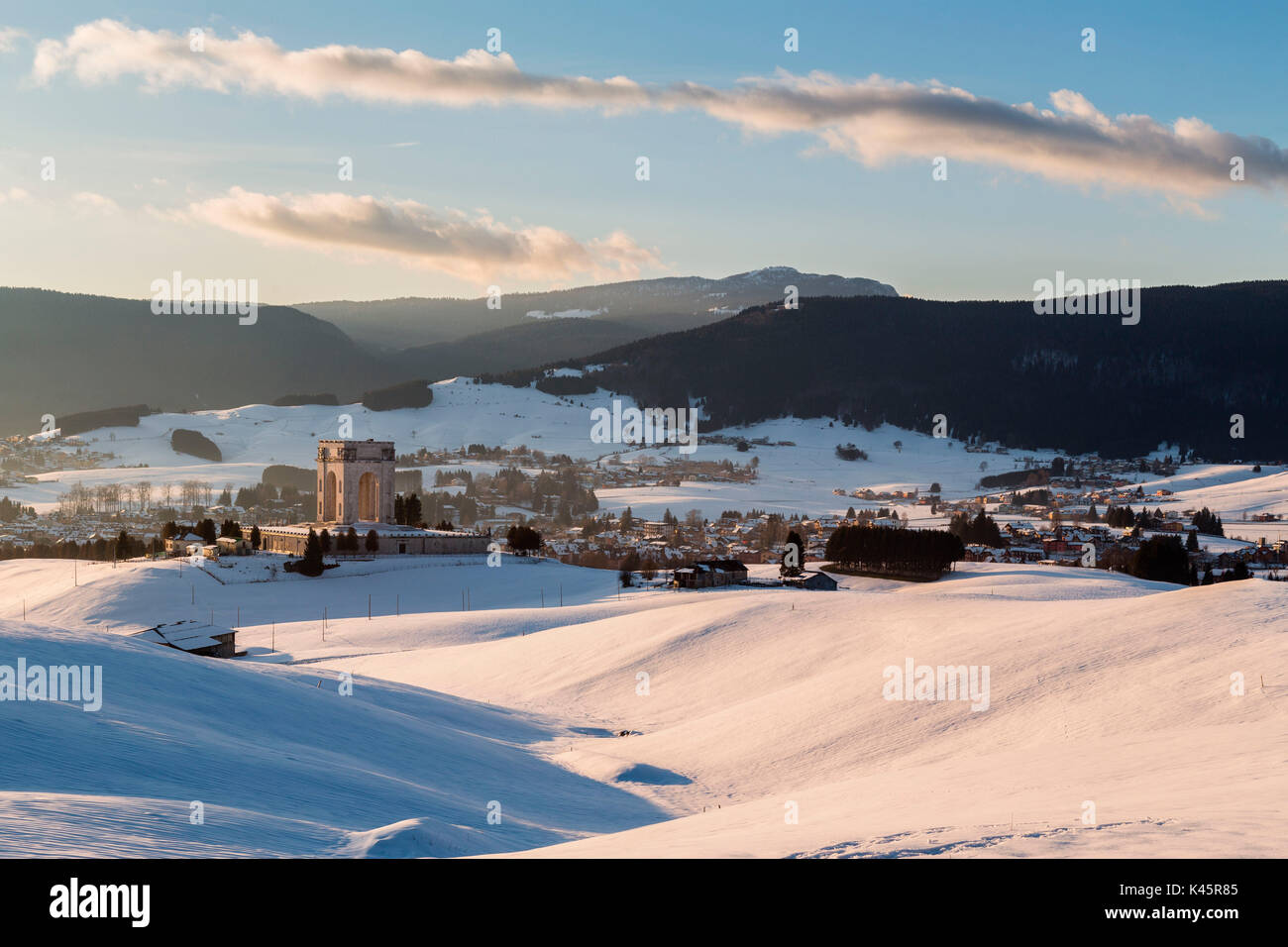 Altopiano of Asiago, Province of Vicenza, Veneto, Italy. Military monument in winter landscape. Stock Photo