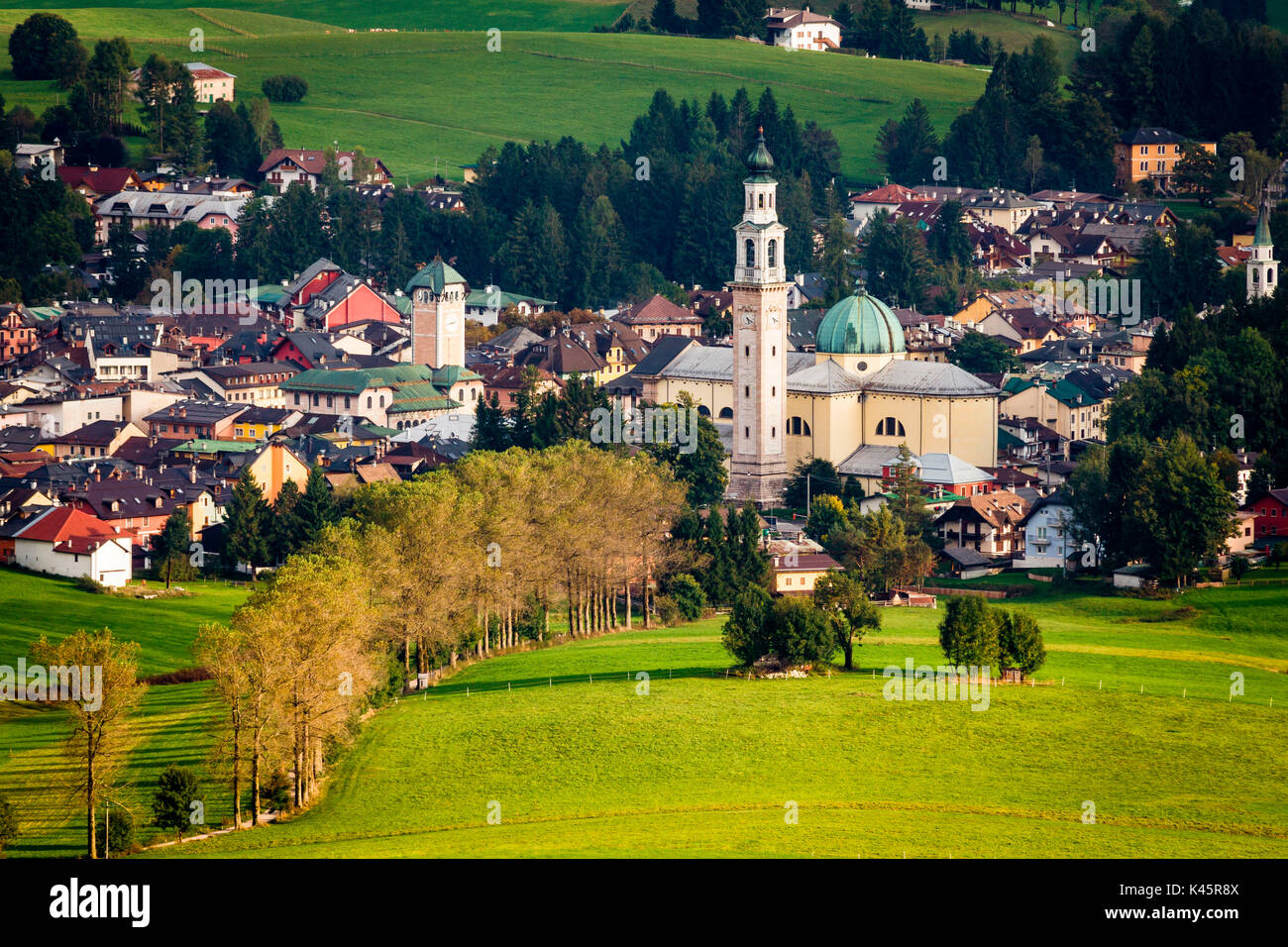 Cathedral, Altopiano of Asiago, Province of Vicenza, Veneto, Italy. Large Church in mountain town. Stock Photo