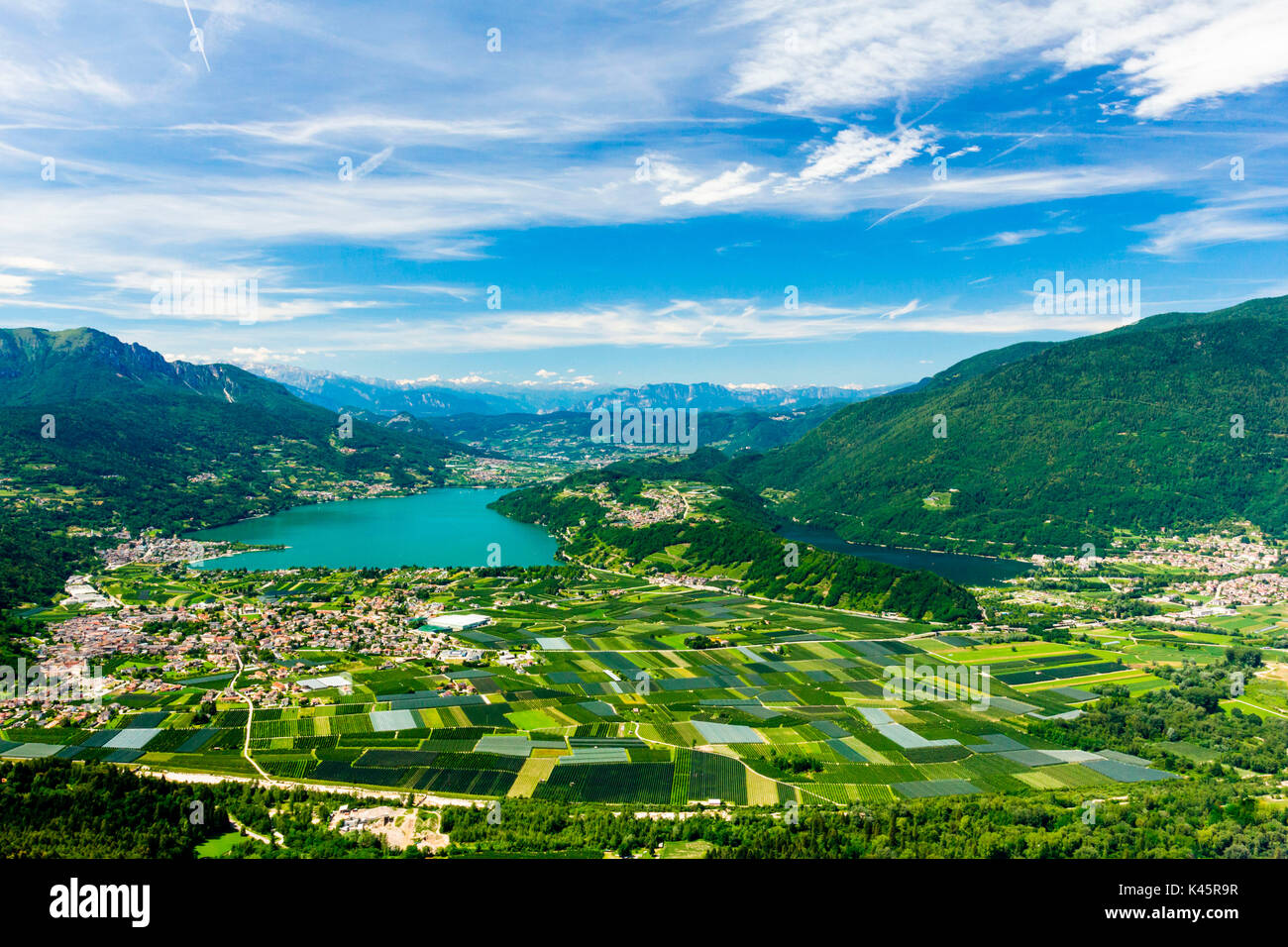 Caldonazzo lake, Trento, Province of Trentino Alto Adige, Italy. Panorama of two lakes from Monterovere. Stock Photo
