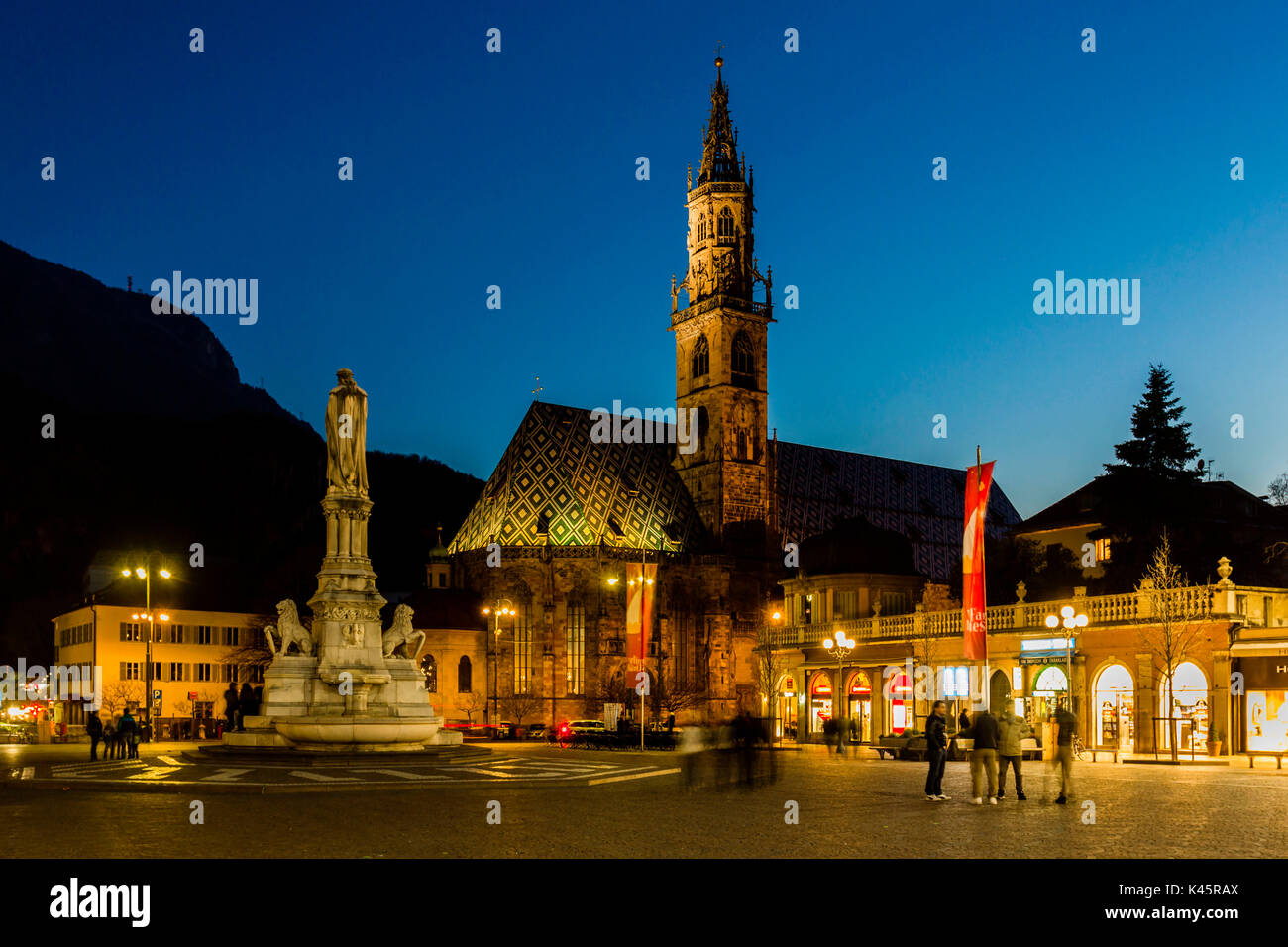 Cathedral, Bolzano, Province of Trentino Alto Adige, Italy. Evening light in Piazza Walther. Stock Photo