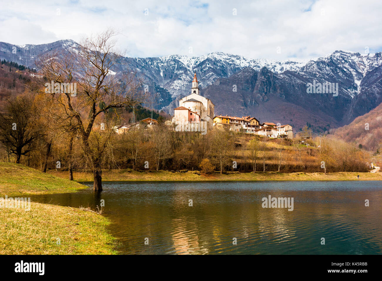 Laghi, Province of Vicenza, Veneto, Italy. Small Church surrounded by mountains. Stock Photo