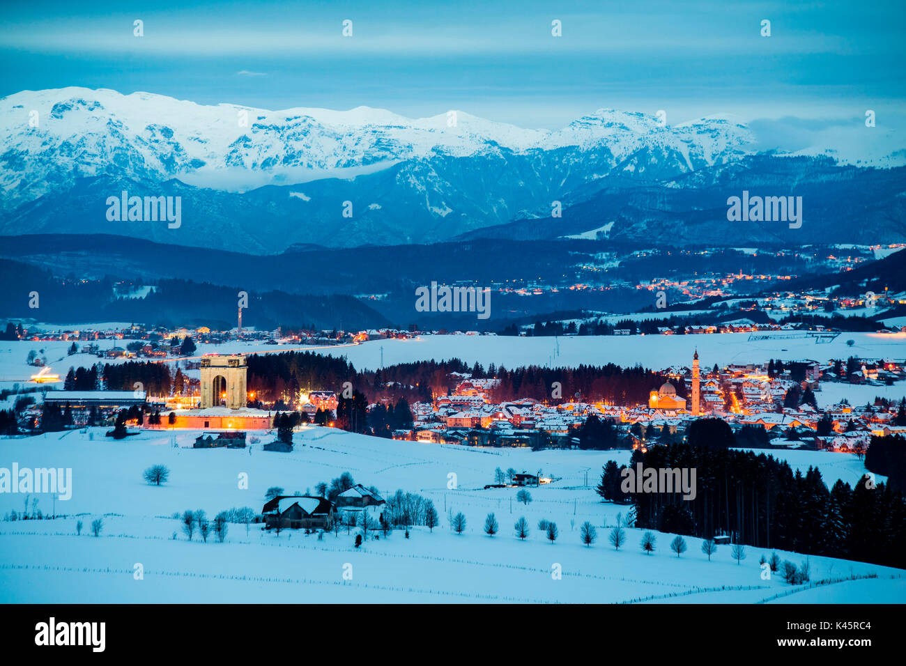 Town, Asiago, Province of Vicenza, Veneto, Italy. Panorama of Asiago blue hour. Stock Photo
