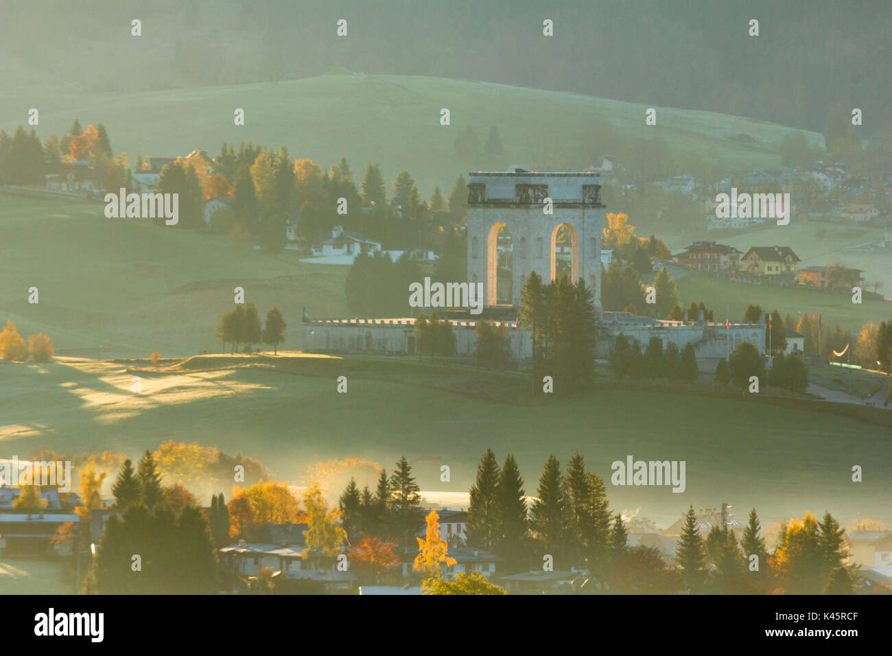 Monument, Asiago, Altopiano of Asiago, Province of Vicenza, Veneto, Italy. Military monument in the autumn mist. Stock Photo