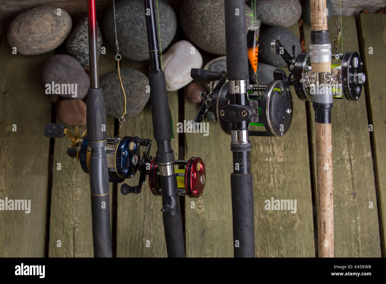 Fishing tackle,  rods and reels Stock Photo
