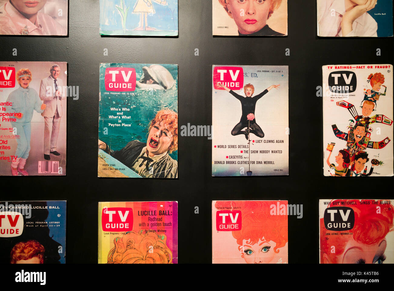 USA, New York, Western New York, Jamestown, Lucy-Desi Museum, dedicated to comedy star Lucille Ball of the 1950s-era TV show, I Love Lucy, TV Guide covers Stock Photo