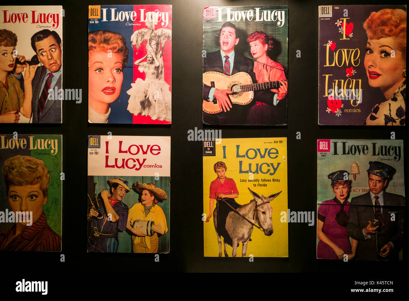 USA, New York, Western New York, Jamestown, Lucy-Desi Museum, dedicated to comedy star Lucille Ball of the 1950s-era TV show, I Love Lucy, TV Guide covers Stock Photo