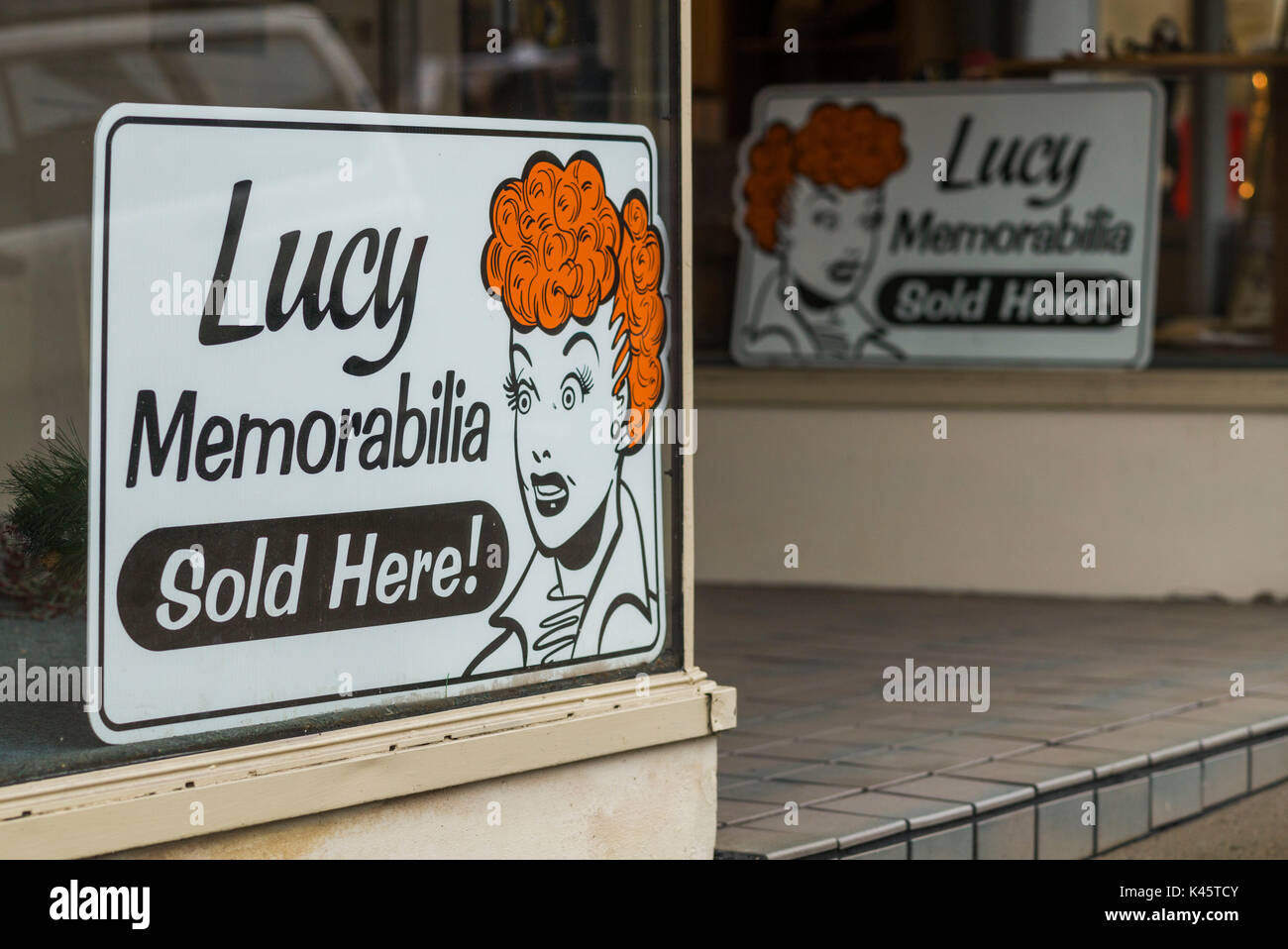 USA, New York, Western New York, Jamestown, Lucy-Desi Museum, dedicated to comedy star Lucille Ball of the 1950s-era TV show, I Love Lucy, memorabilia sign Stock Photo