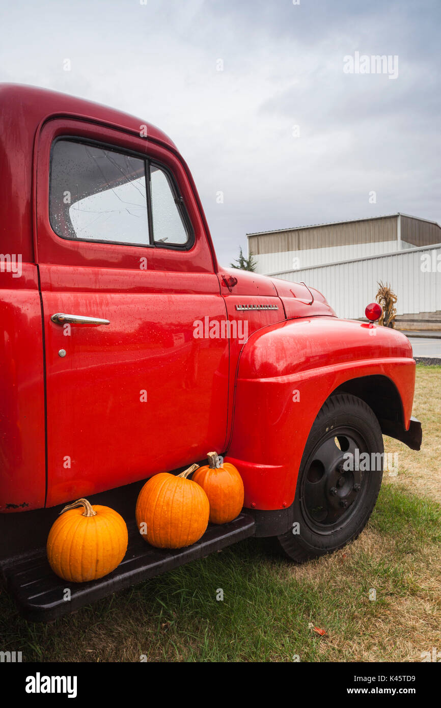 autumn kitchen towel, vintage pickup truck with pumpkins striped