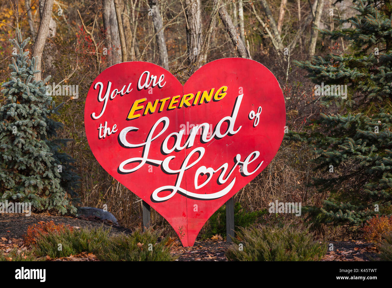 USA, Pennsylvania, Pocano Mountains, East Stroudsburg, You are Enering the Land of Love , sign to well known US honeymoon area Stock Photo