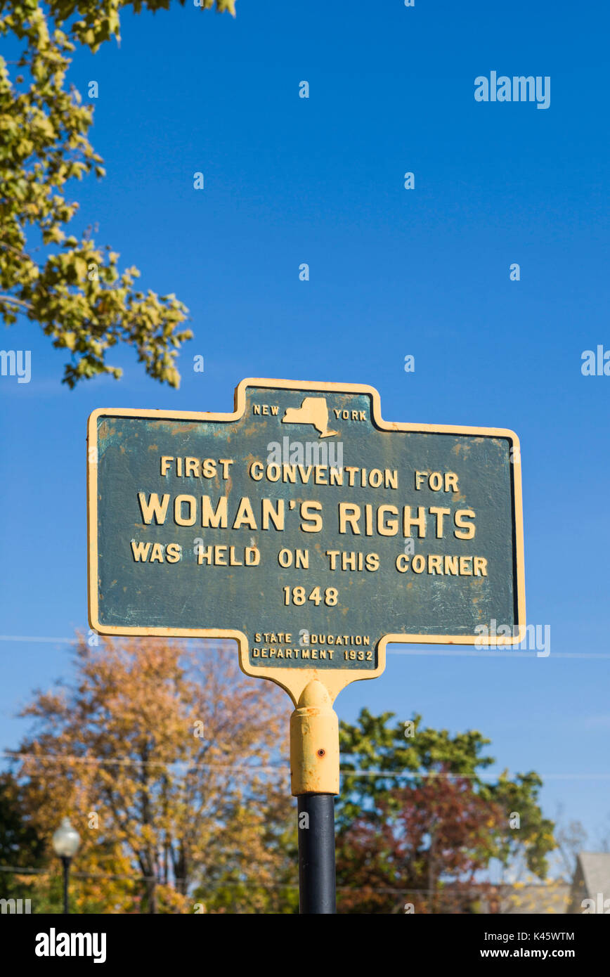 USA, New York, Finger Lakes Region, Seneca Falls, Birthplace of the Women's Rights movement in the USA, marker for the first Woman's Rights Convention in 1848 Stock Photo