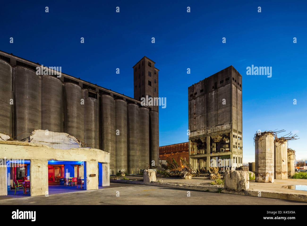 USA, New York, Western New York, Buffalo, Silo City, new entertainment district around renovated grain elevators, dusk Stock Photo