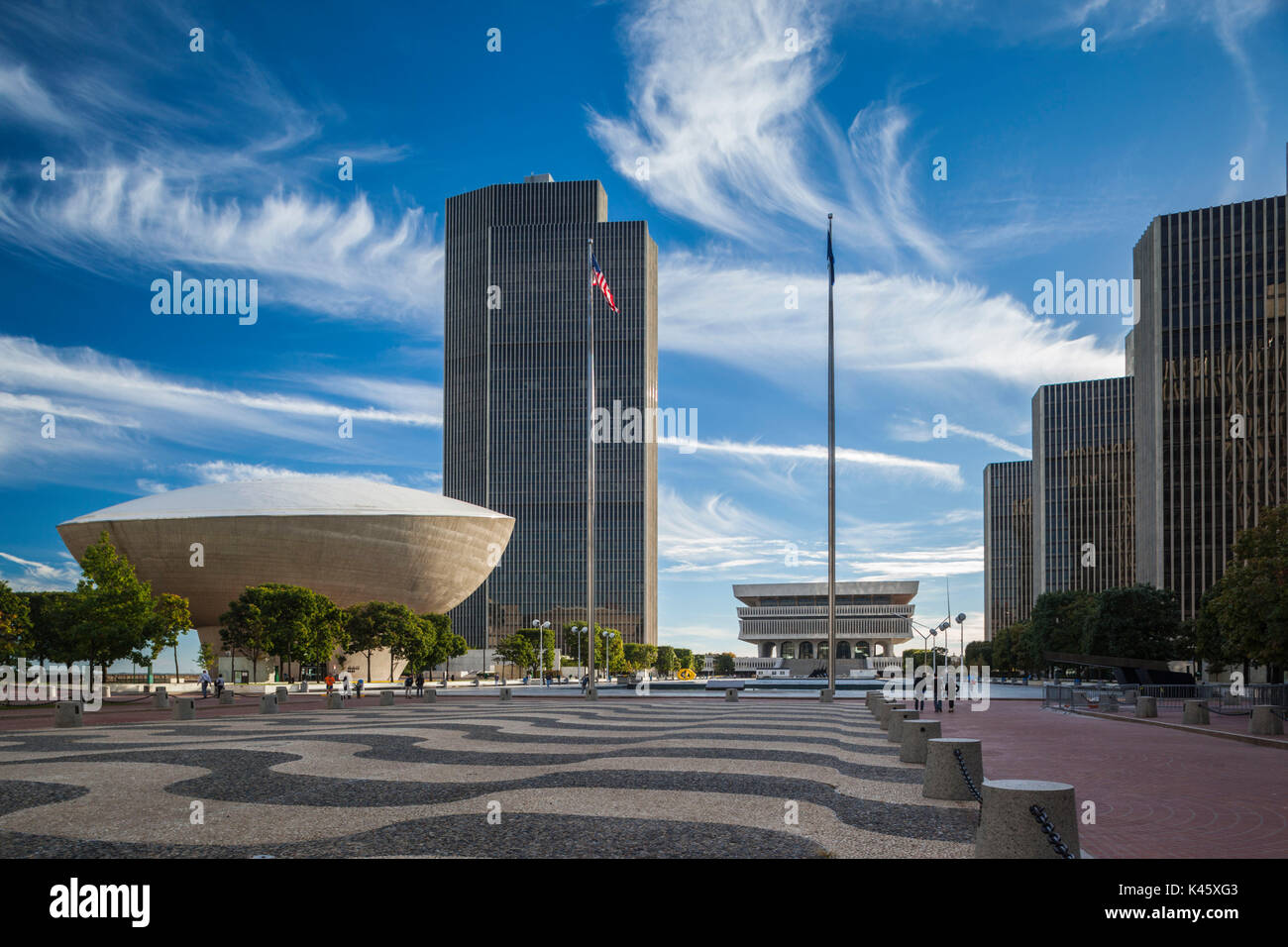 USA, New York, Hudson Valley, Albany, New York State Capitol, Rockefeller Empire State Plaza, The Egg State Theater and Corning Tower Stock Photo
