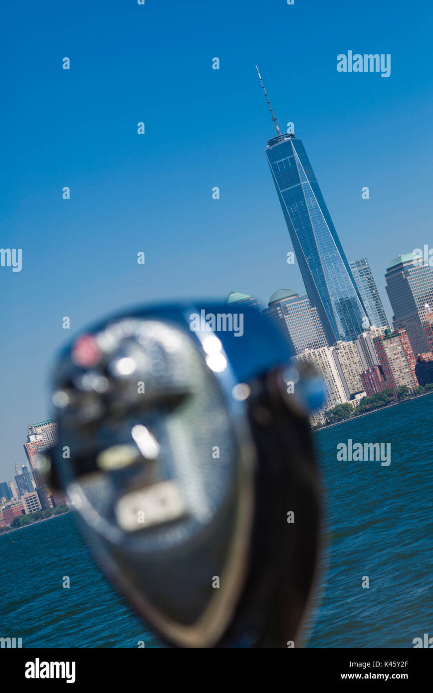 USA, New York, New York City, Lower Manhattan, binoccular and The Freedom Tower from Ellis Island Stock Photo