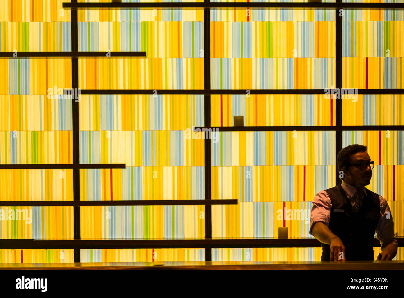 USA, New York, New York City, Mid-Town Manhattan, colorful hotel lobby