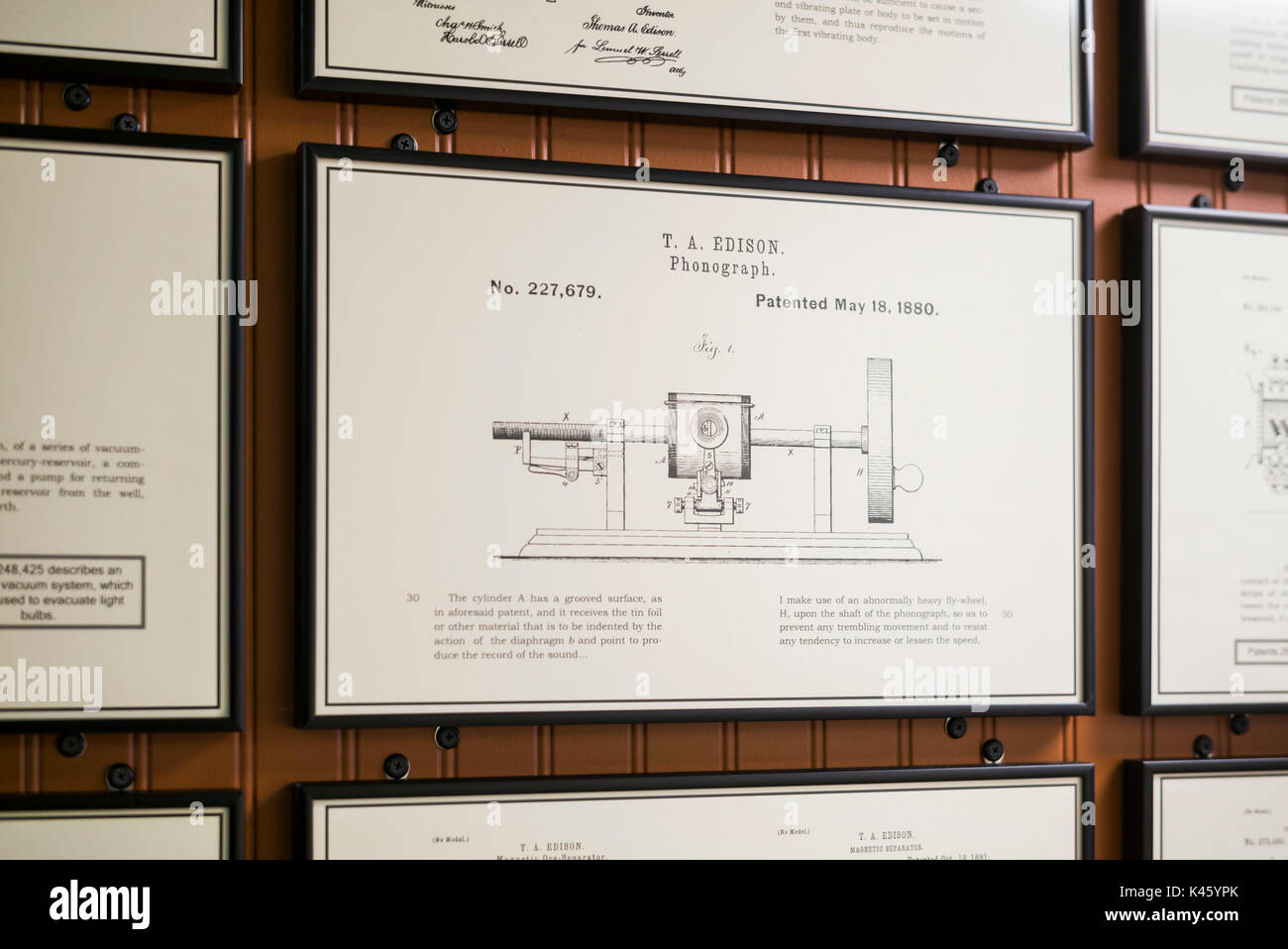 USA, New Jersey, Menlo Park, Thomas Alva Edison Museum, built on the site of the inventors original laboratory, patent drawings of Edison inventions Stock Photo