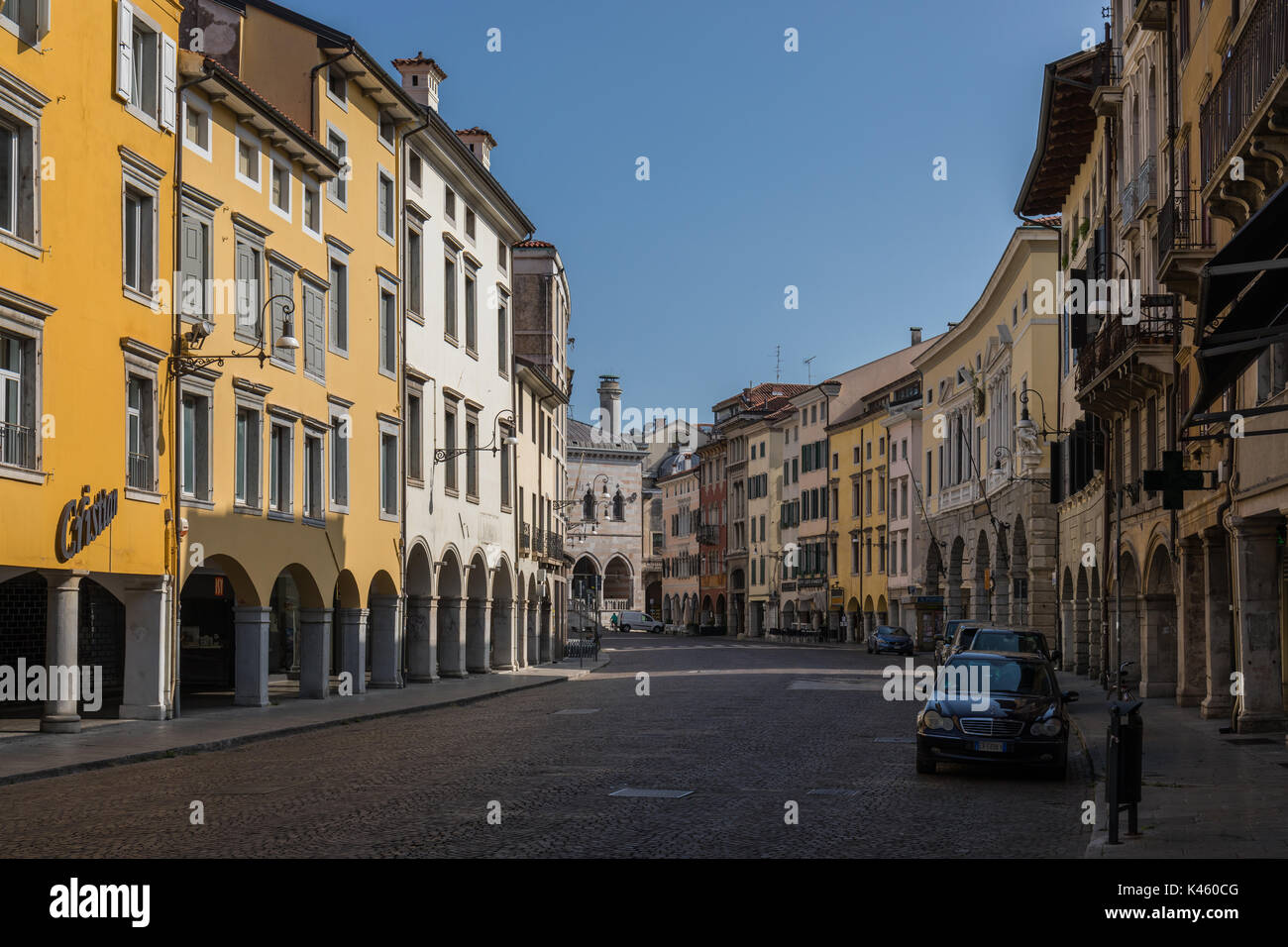 Colorful buildings in the historical center of Udine (Via Mercatovecchio), Friuli Venezia Giulia, Italy Stock Photo