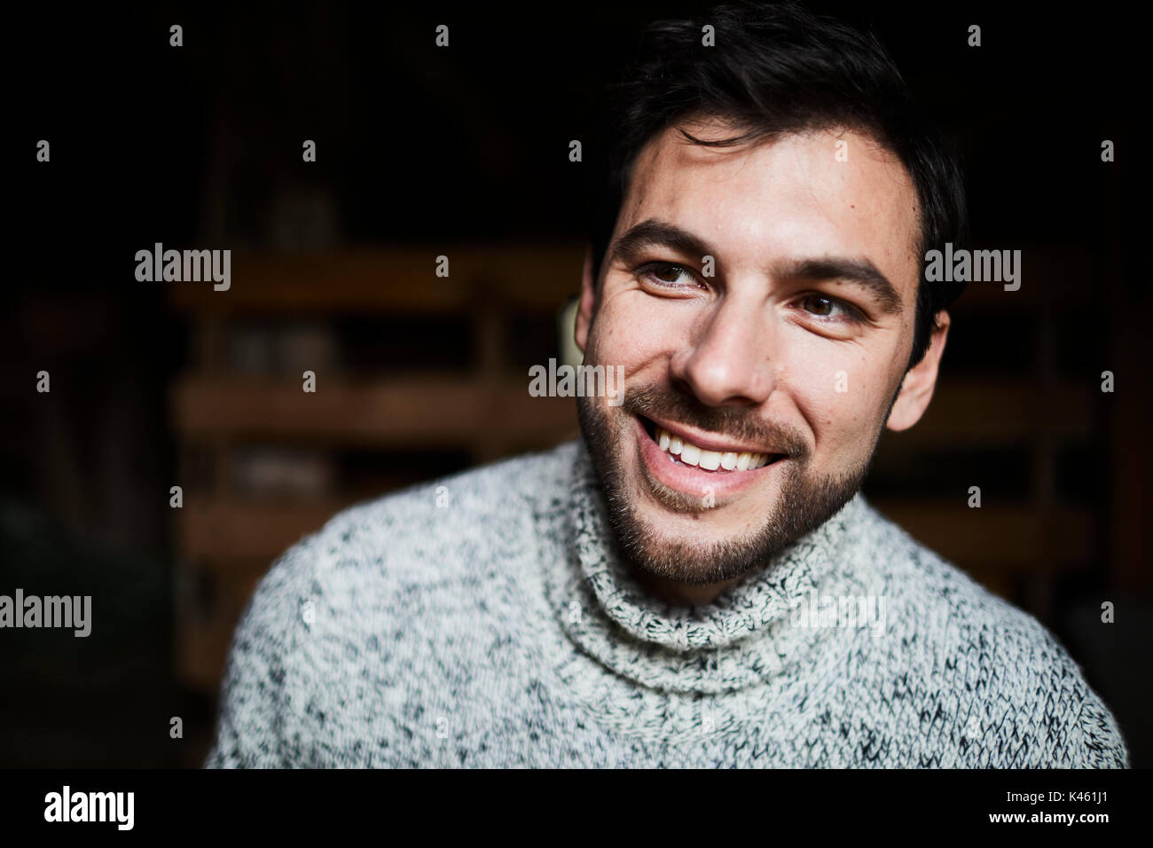 Barn, man with knitted pullover, cheerful, portrait, Stock Photo