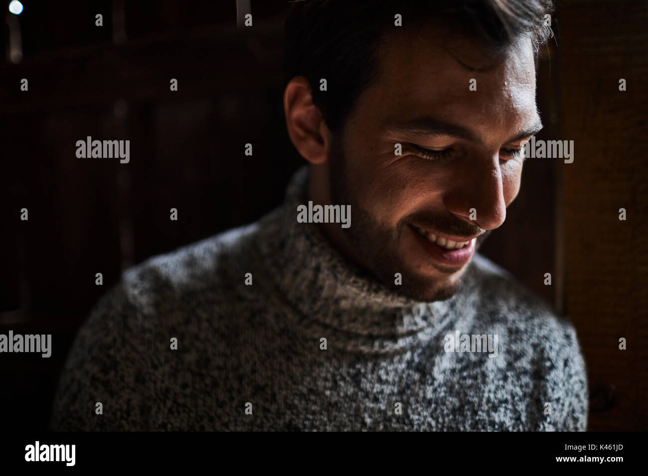 Barn, man with knitted pullover, smile, lowered view, portrait, Stock Photo
