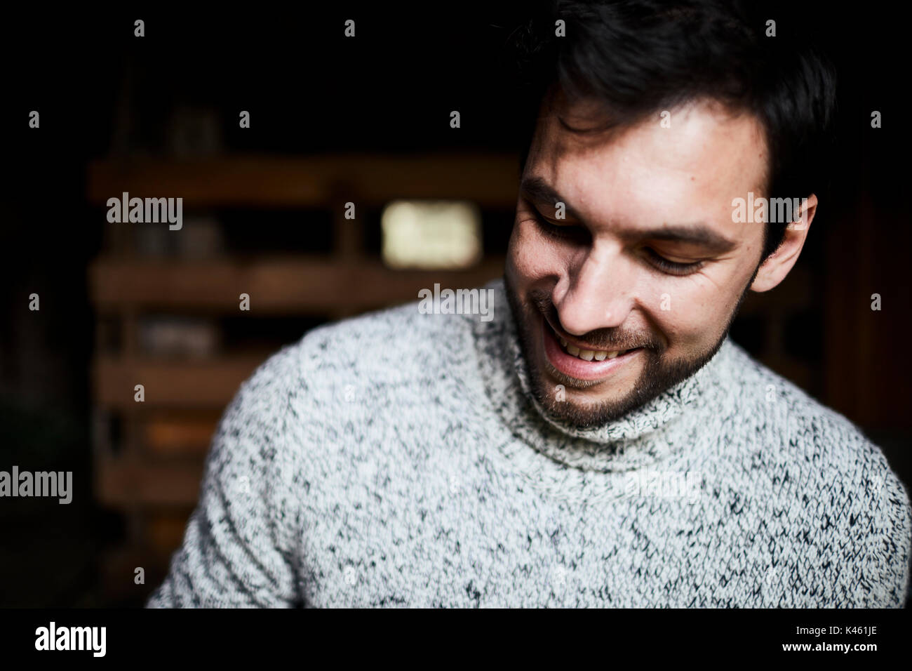 Barn, man with knitted pullover, cheerful, portrait, Stock Photo