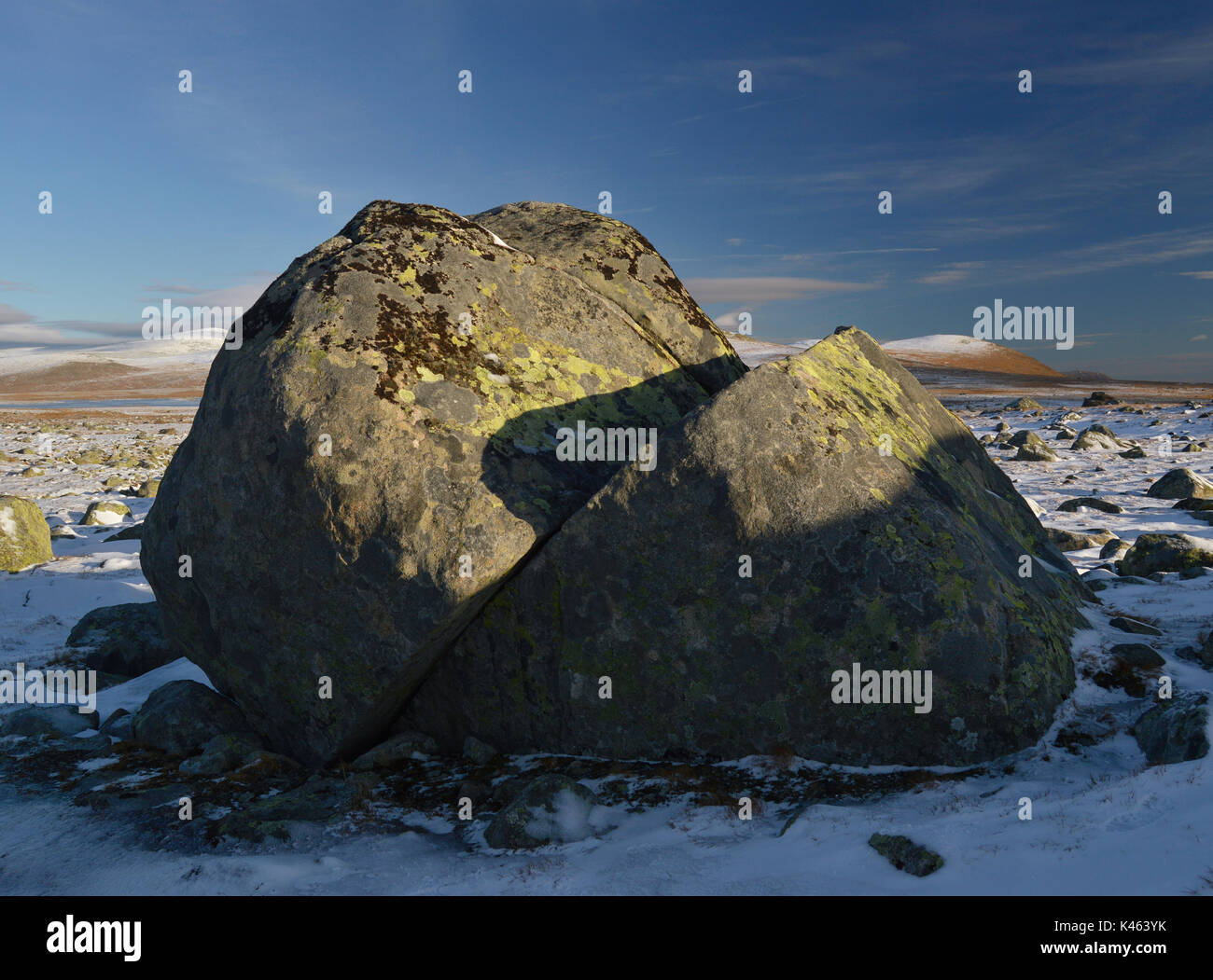 A big boulder that nature has split in two. From Jotunheimen Norway. Stock Photo