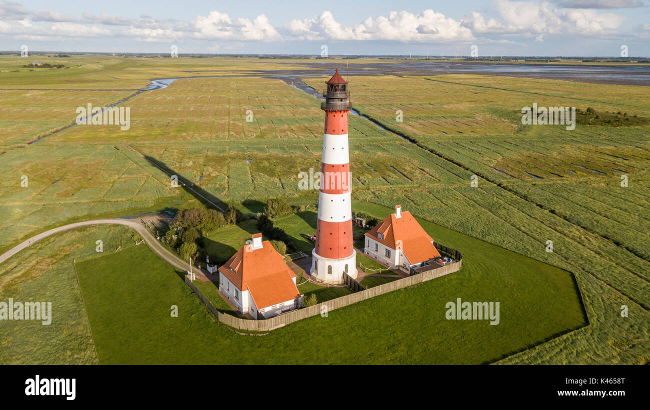 Colorful lighthouse at Westerhever, Germany Stock Photo