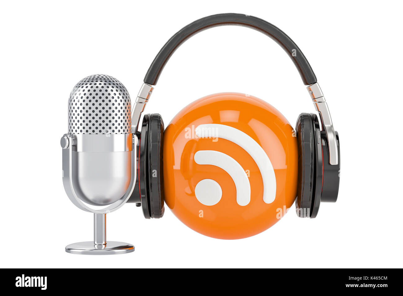 Headphones and mic with RSS logo podcast, 3D rendering Stock Photo
