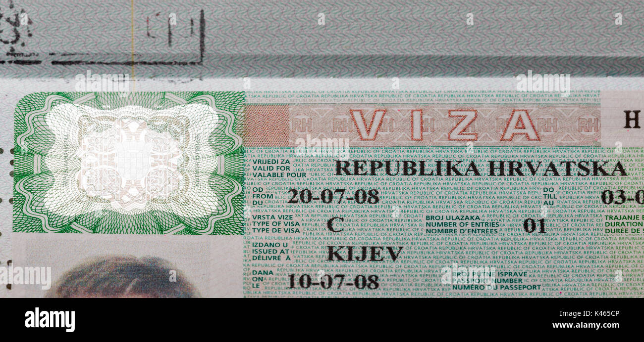 Croatian visa in passport closeup macro. Issued in Kiev, Ukraine Stock  Photo - Alamy