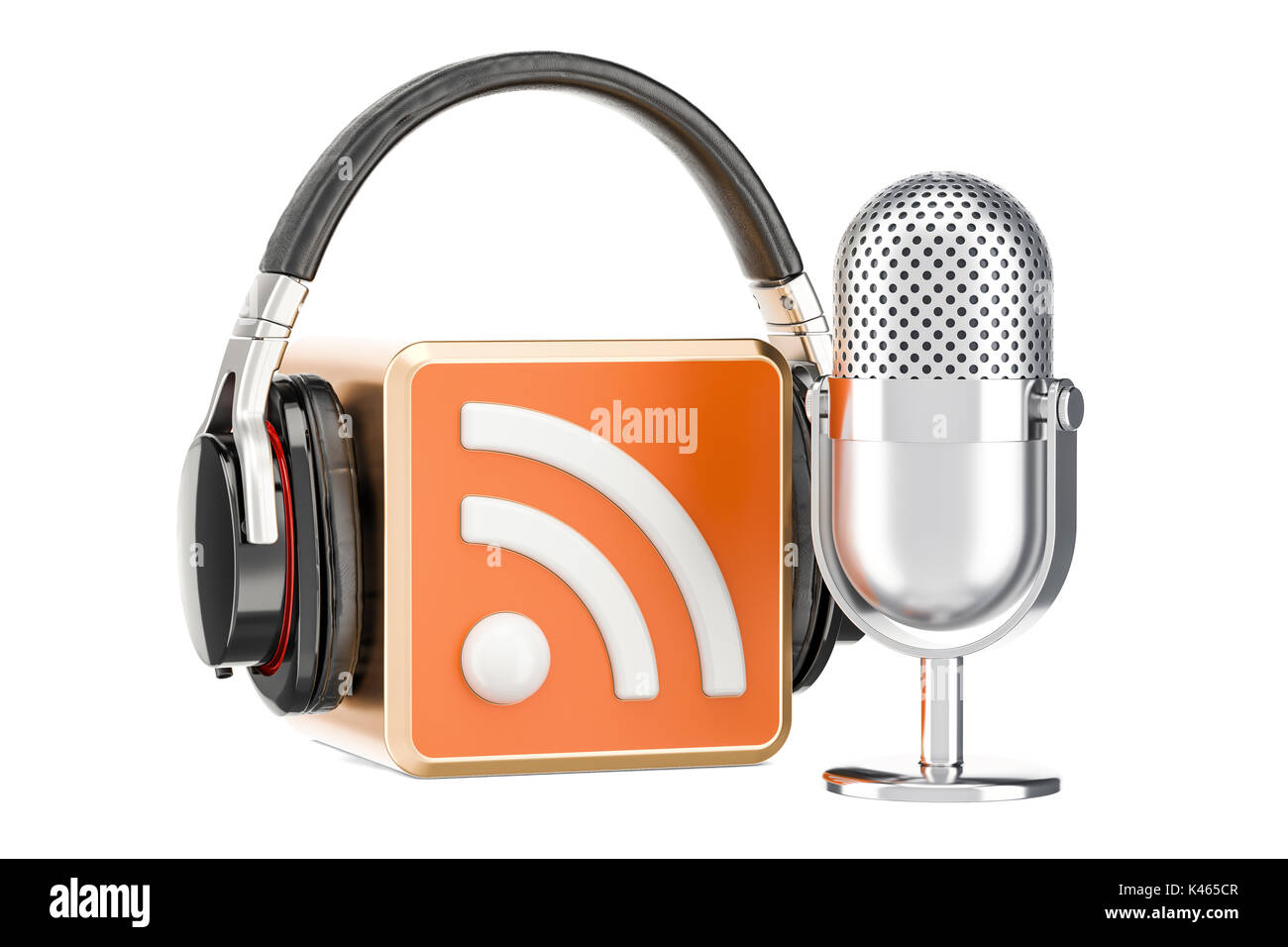 Headphones and microphone with RSS logo podcast, 3D rendering Stock Photo