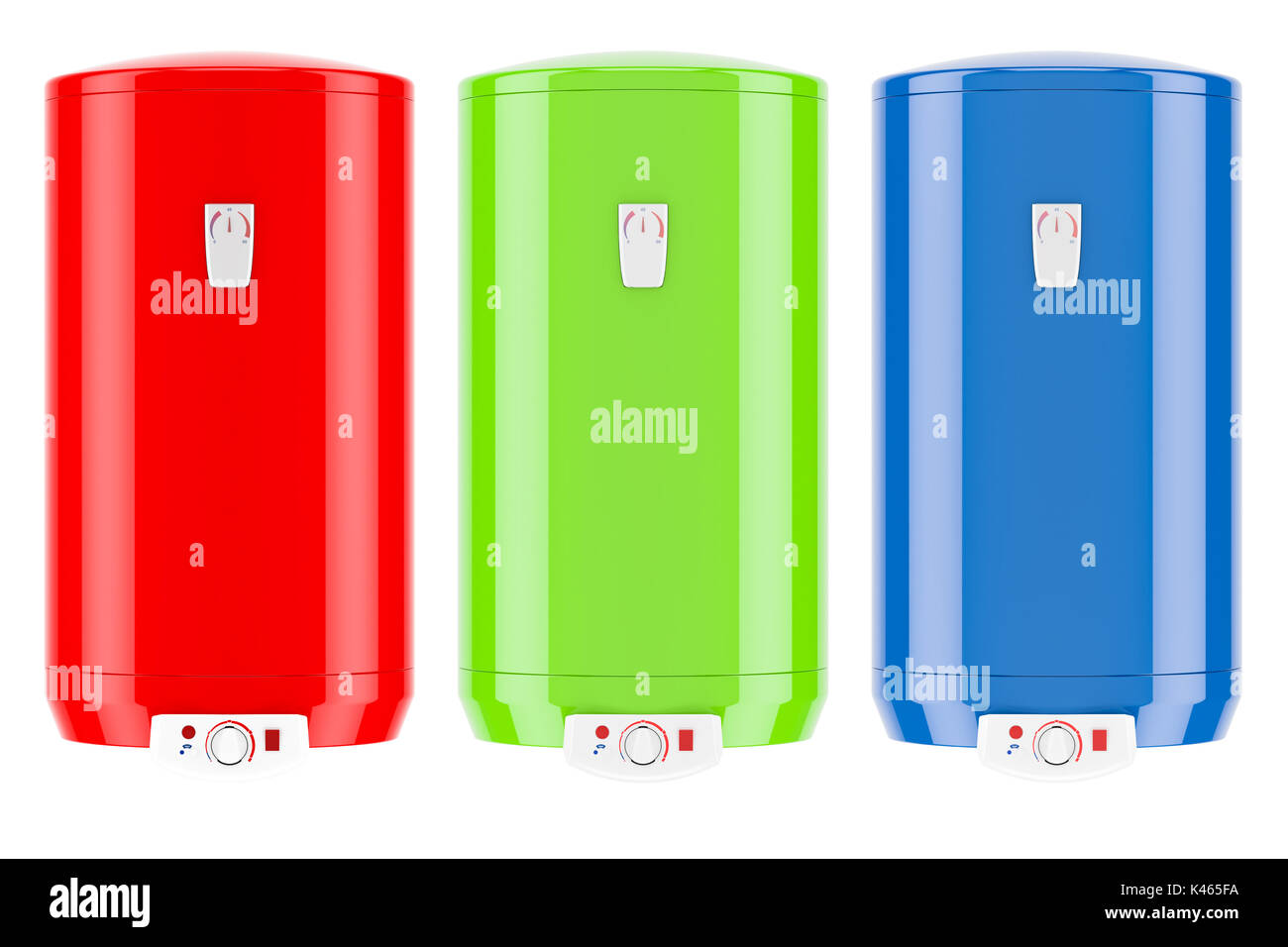 set of colored electric water heaters or boilers, 3D rendering isolated ...