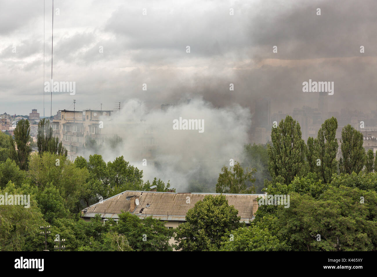 smoke from a fire in the city. view from above Stock Photo - Alamy
