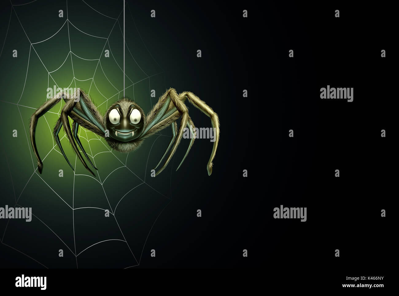 Spider halloween background as a creepy crawler arachnid insect hanging from a thread with a spiderweb on a glowing black blank area. Stock Photo