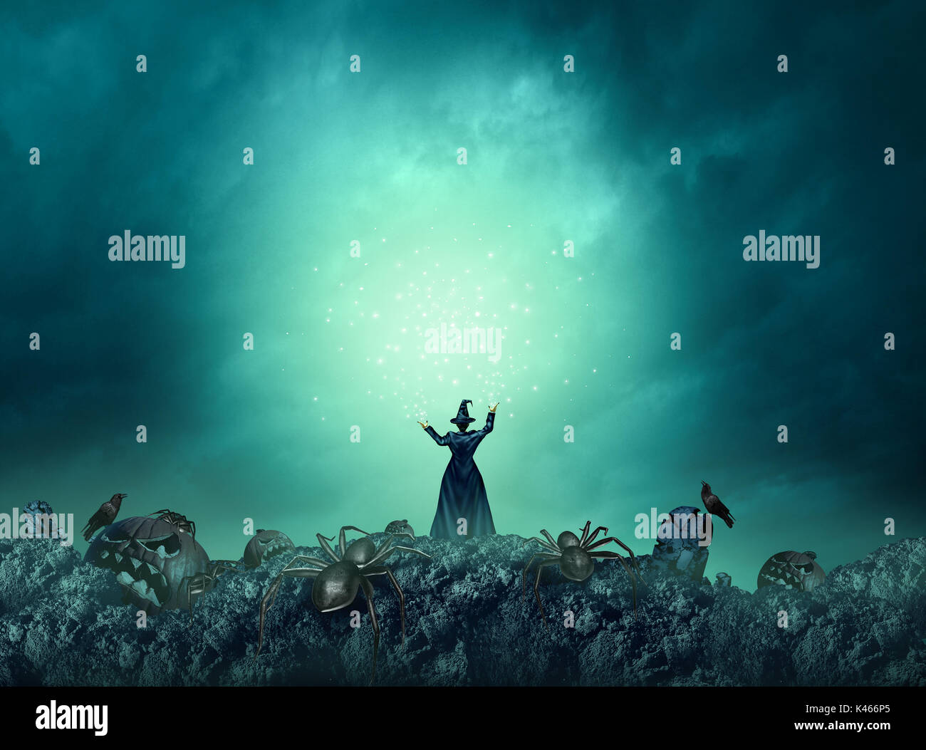 Magic witch halloween background as a wicked wizard casting a magical spell in a blank area for text as a spooky scary autumn holiday greeting. Stock Photo