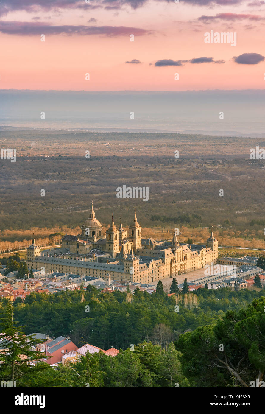 Royal Site of San Lorenzo of El Escorial seen from the Abantos lookout point. Madrid province, Spain. Stock Photo