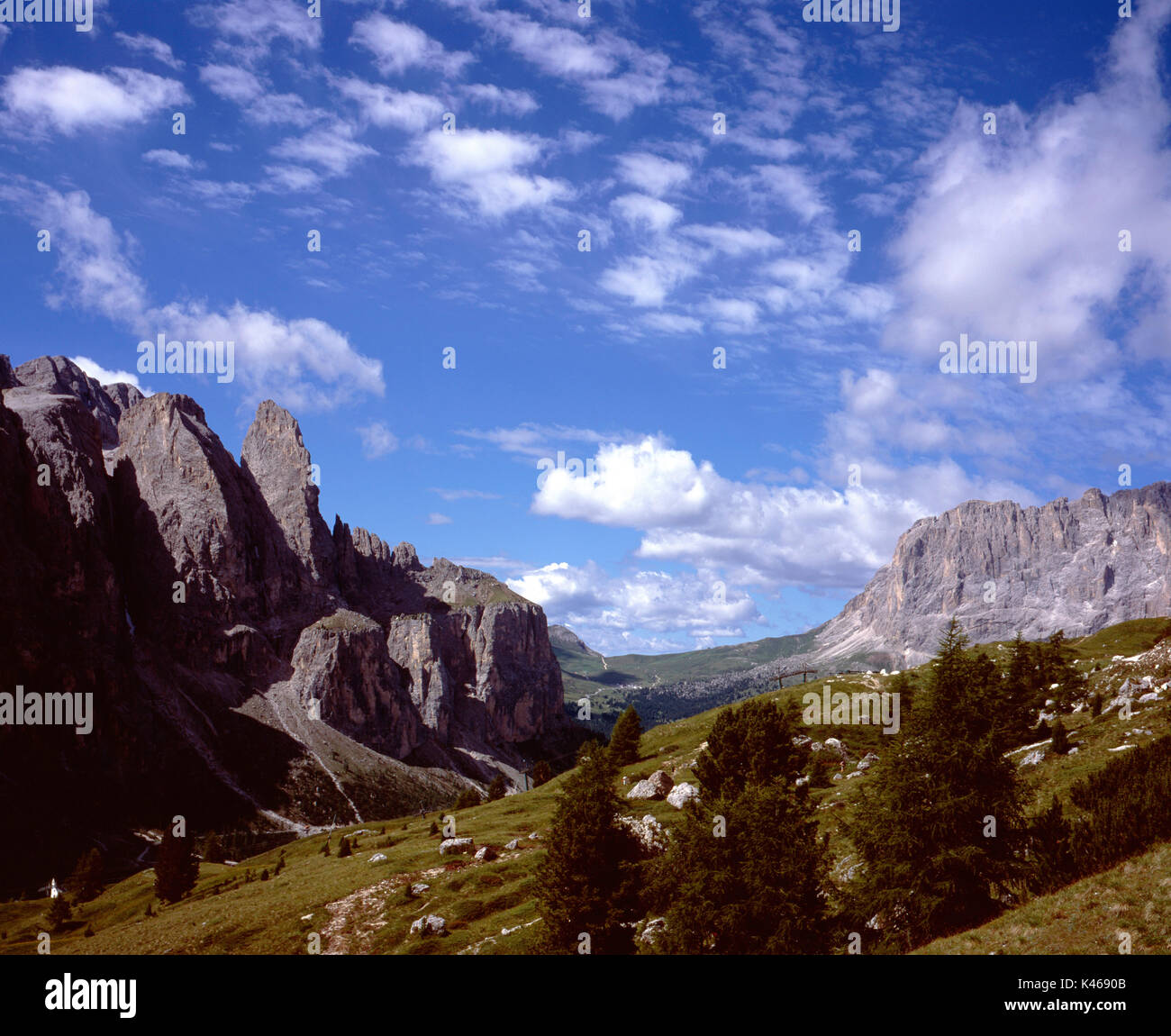 The Sella Gruppe or Gruppo Del Sella a view from near the Passo Gardena the boundary of The Val Gardena And The Alta Badia Selva Dolomites Italy Stock Photo