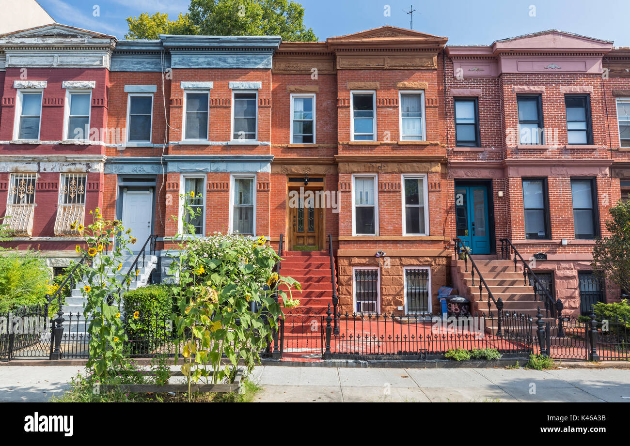 A row of brick apartment building on Union Street in the Crown Heights