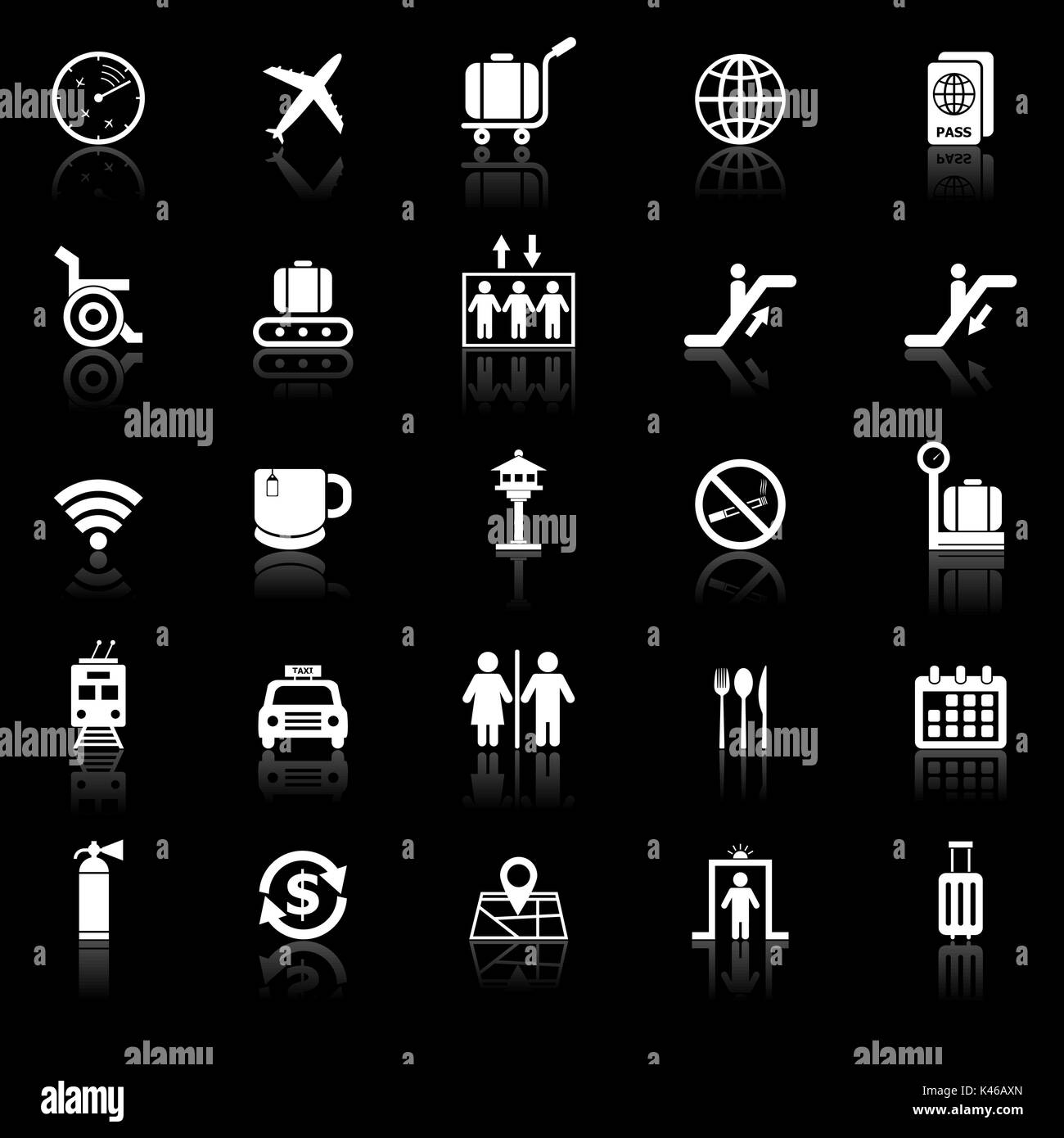 Airport icons with reflect on black background, stock vector Stock ...