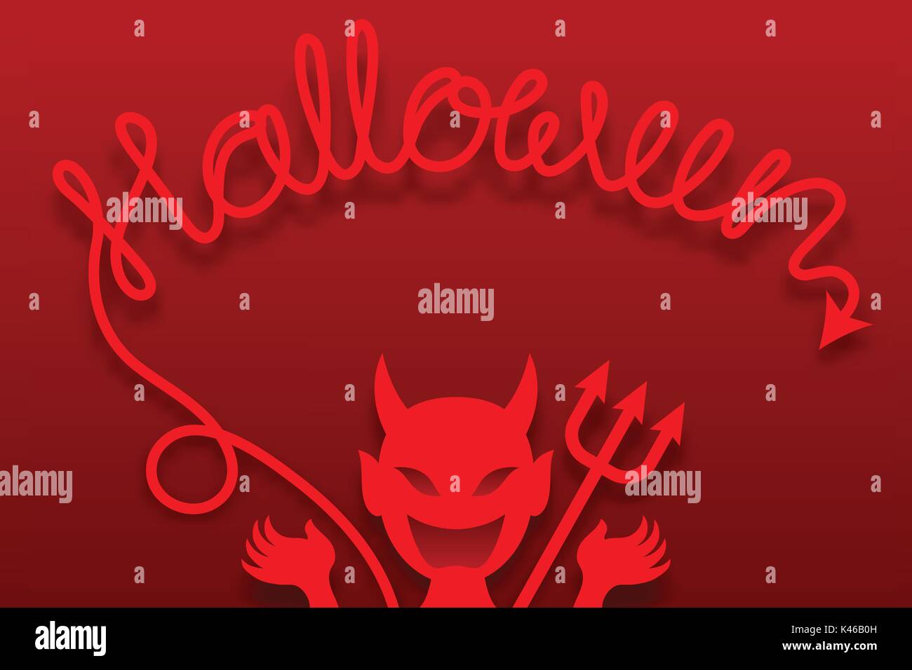 Devil monster with fork concept design and halloween text made from tail illustration isolated on red gradient background, with copy space Stock Vector