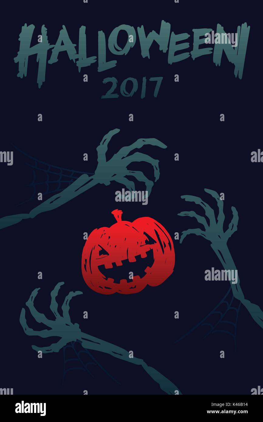 Halloween 2017 background template set, skeleton monster hand with pumpkin concept design and halloween 2017 text illustration isolated on dark blue b Stock Vector