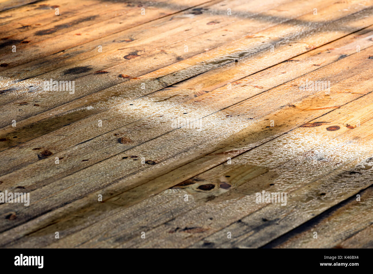 wet deck boards surface with raindrops. rain water droplets shining in