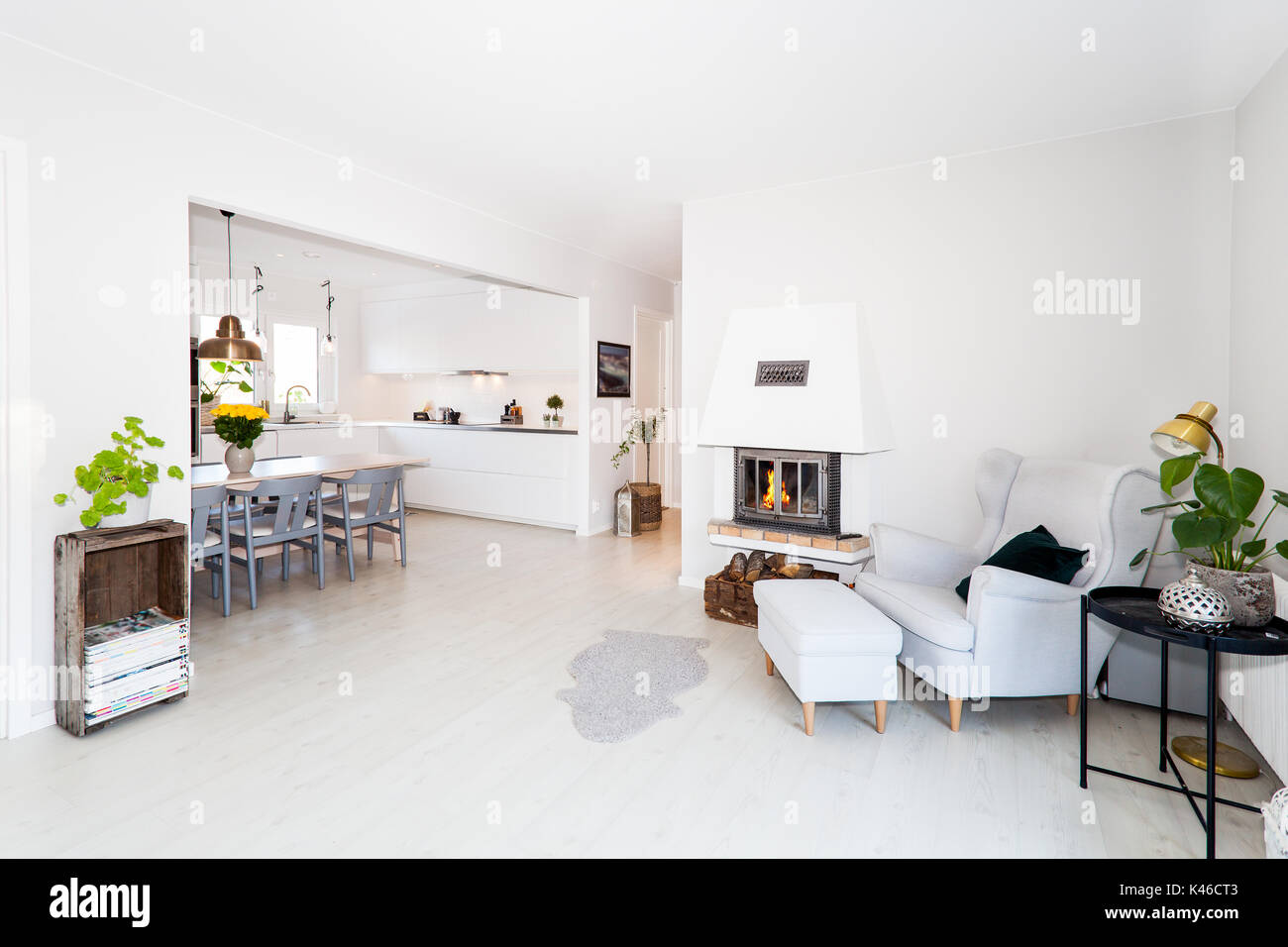 fancy livingroom with lit fire in the fireplace and the kitchen in teh background Stock Photo