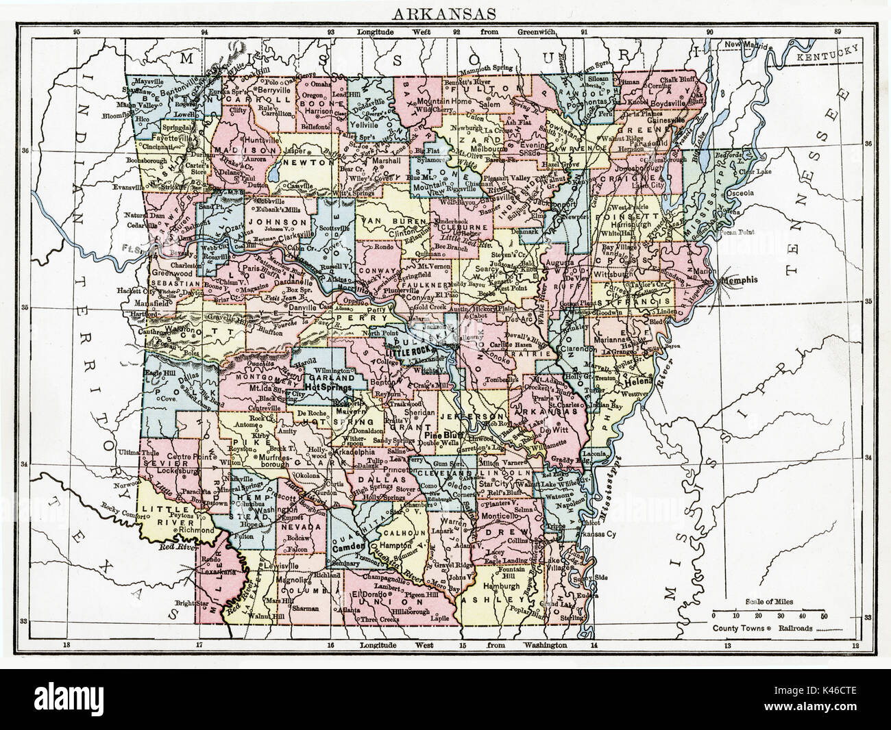 Antique map, circa 1875, of Arkansas Stock Photo