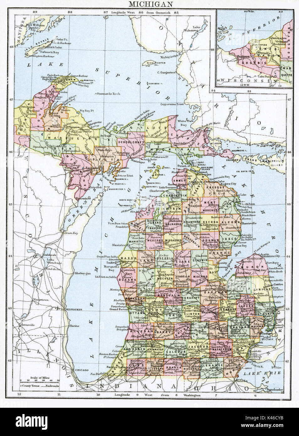 Antique map, circa 1875, of Michigan Stock Photo