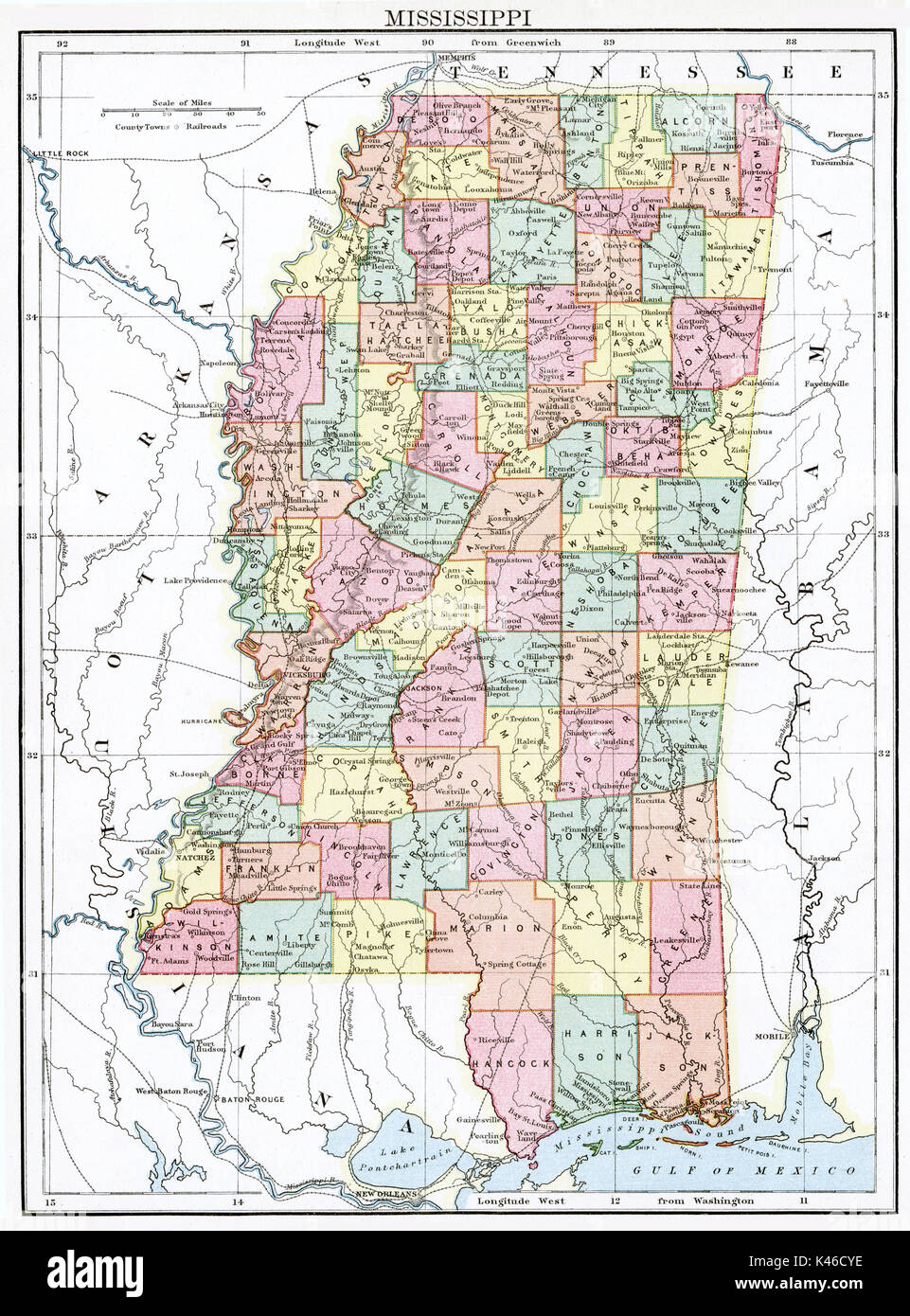 Antique map, circa 1875, of Mississippi Stock Photo